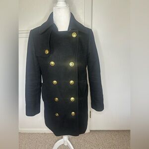 J. Crew Black Pea Coat with Gold Buttons size Petite 6